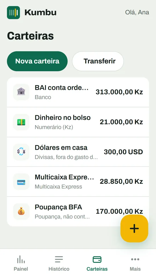 Lista de carteiras do Kumbu: banco, dinheiro no bolso, dólares em casa, Multicaixa Express e poupança