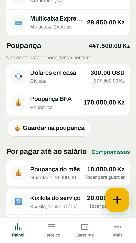 Ecrã do Kumbu com a poupança e as contas por pagar até ao salário, incluindo kixikila